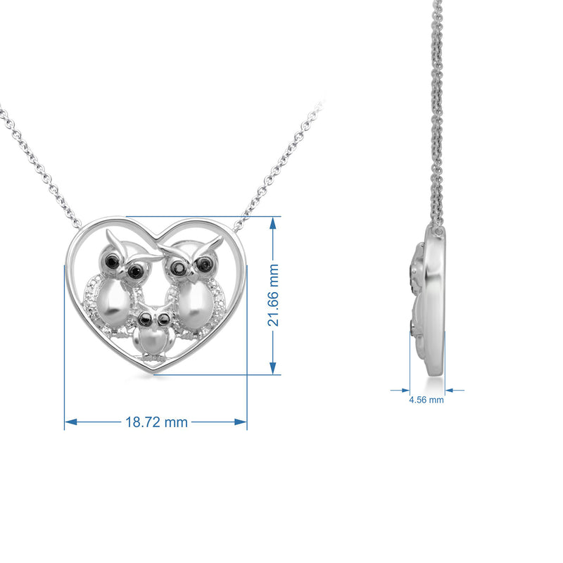 Jewelili Sterling Silver with Treated Black and White Round Diamonds Owl Family Pendant Necklace
