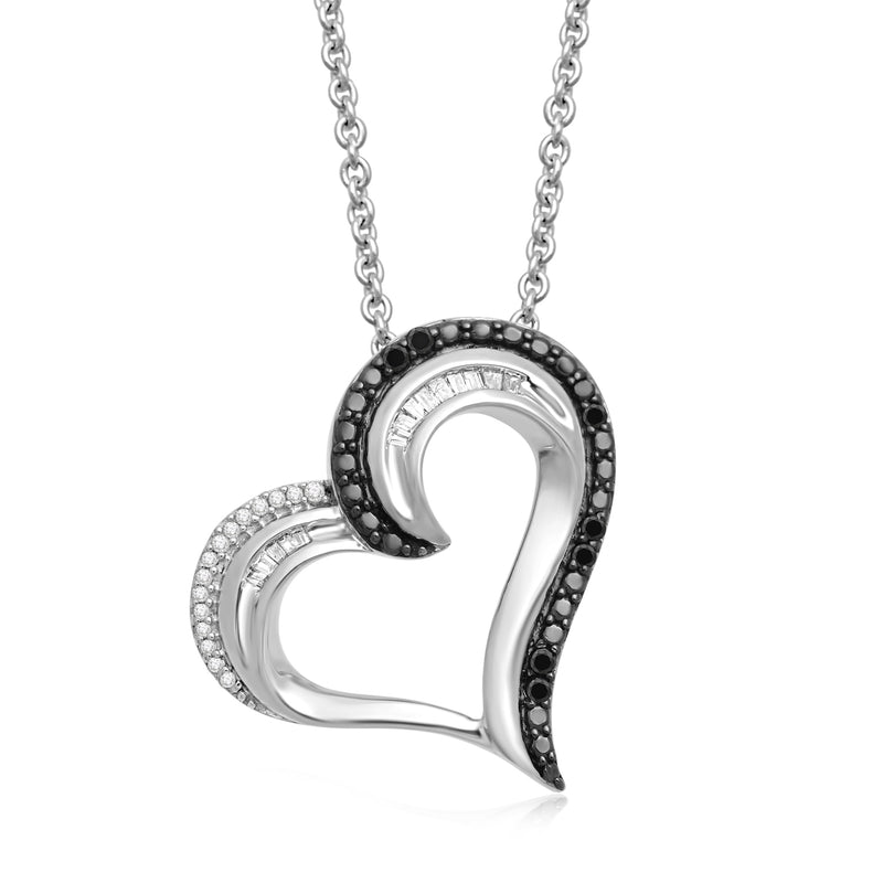 Jewelili Sterling Silver with 1/6 CTTW Treated Black and White Diamonds Heart Pendant Necklace