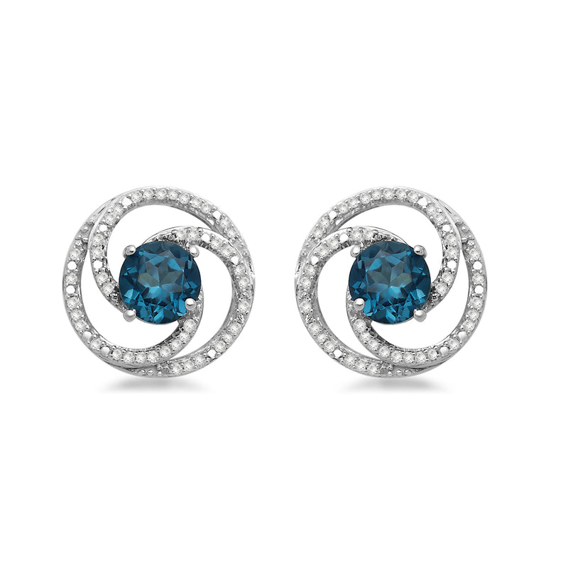 Jewelili Sterling Silver with 1/6 CTTW Natural White Diamonds and Coated Blue Topaz Swirl Stud Earrings