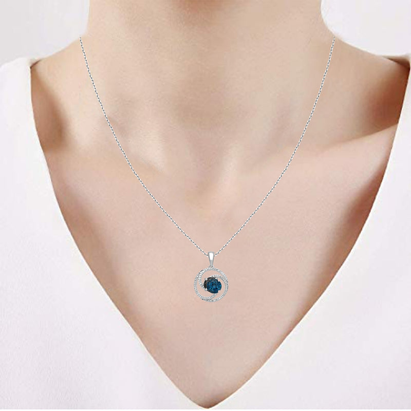 Jewelili Sterling Silver Diamonds and London Blue Topaz Pendant Necklace