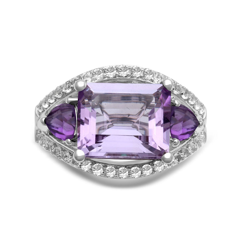 Jewelili Three Stone Ring with Octagon Shape Rose De France, Trillion Shape Amethyst, Round Emerald and Round White Topaz in Sterling Silver View 4