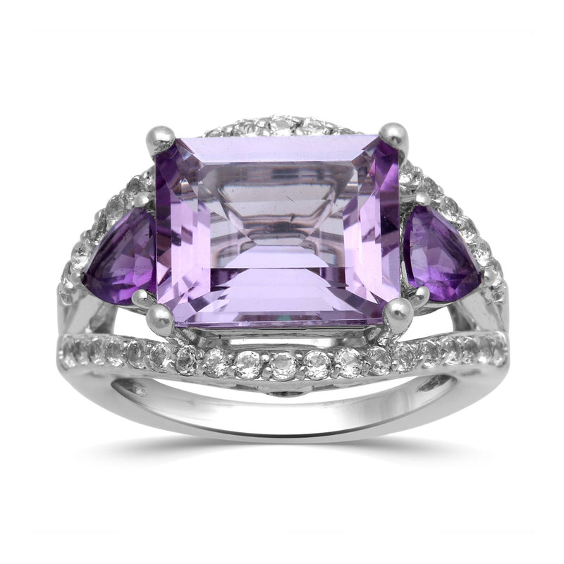 Jewelili Three Stone Ring with Octagon Shape Rose De France, Trillion Shape Amethyst, Round Emerald and Round White Topaz in Sterling Silver View 1