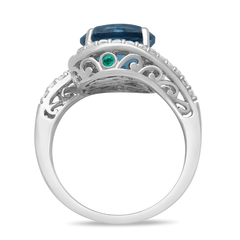 Jewelili Bypass Ring with Round Blue Topaz and White Topaz with Green Emerald in Sterling Silver View 3