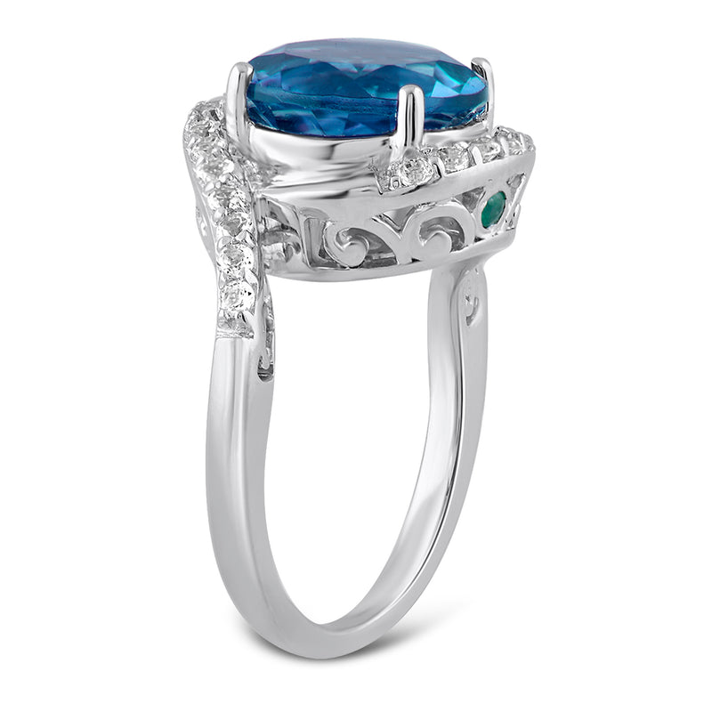 Jewelili Bypass Ring with Round Blue Topaz and White Topaz with Green Emerald in Sterling Silver View 4