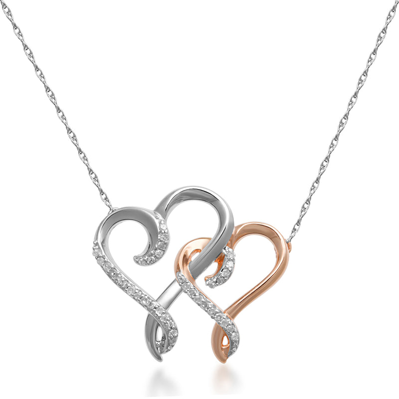 Jewelili Double Heart Pendant Necklace with Natural White Round Diamonds in Rose Gold over Sterling Silver 1/10 CTTW 