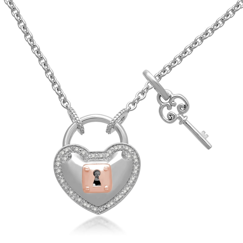 Jewelili Sterling Silver and 10K Rose Gold With 1/10 CTTW Diamonds Heart Key Pendant Necklace