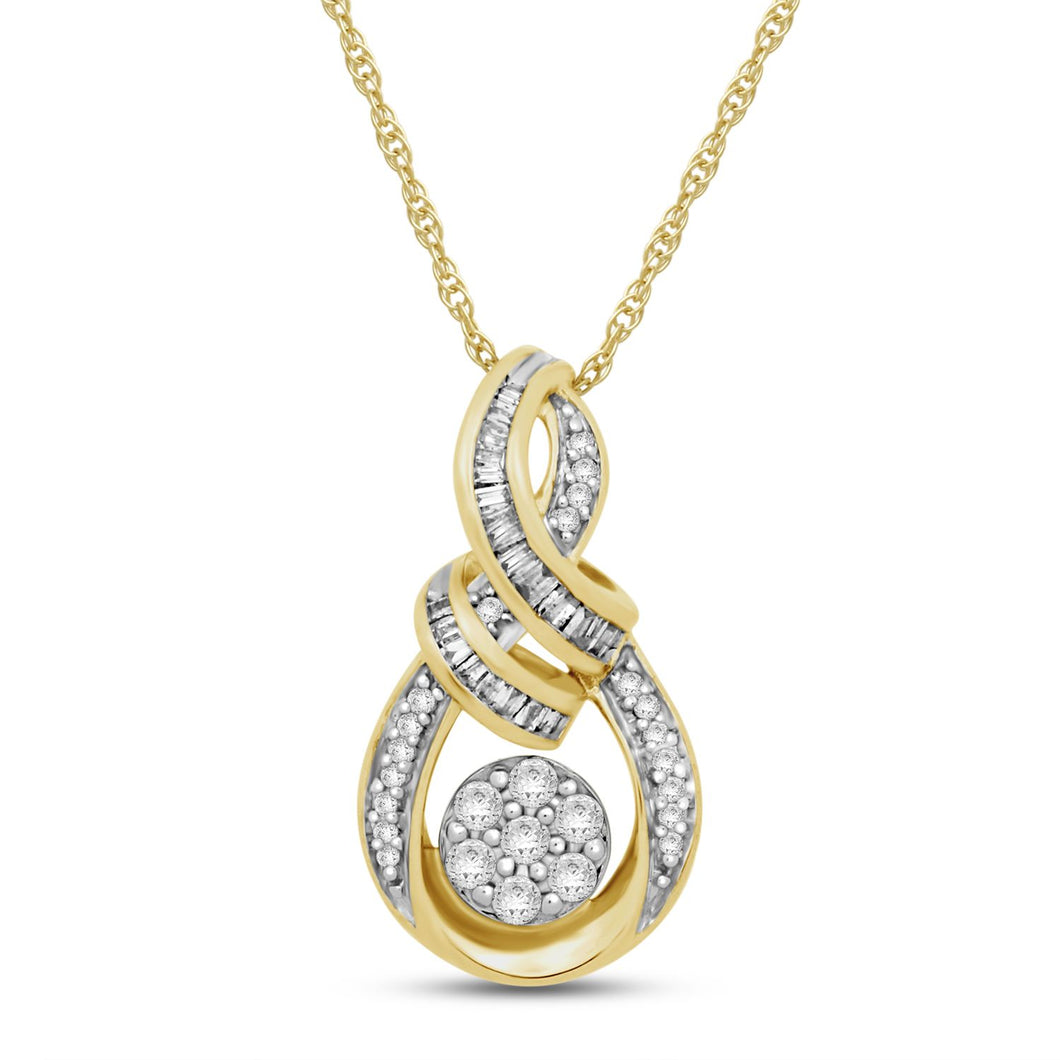 Jewelili 10K Yellow Gold With 1/4 CTTW Baguette and Round Natural White Diamonds Cluster Pendant Necklace