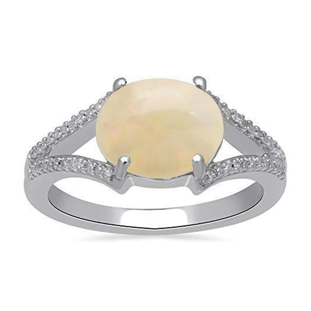 Jewelili Ring with Oval Shape Ethiopian Opal and Natural White Round Diamonds in Sterling Silver View 1