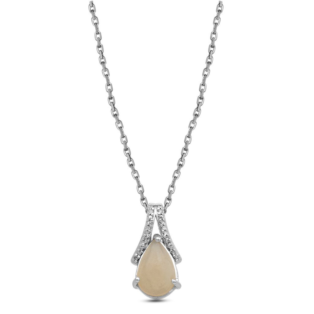 Jewelili Sterling Silver With Ethiopian Opal and Diamonds Teardrop Pendant Necklace