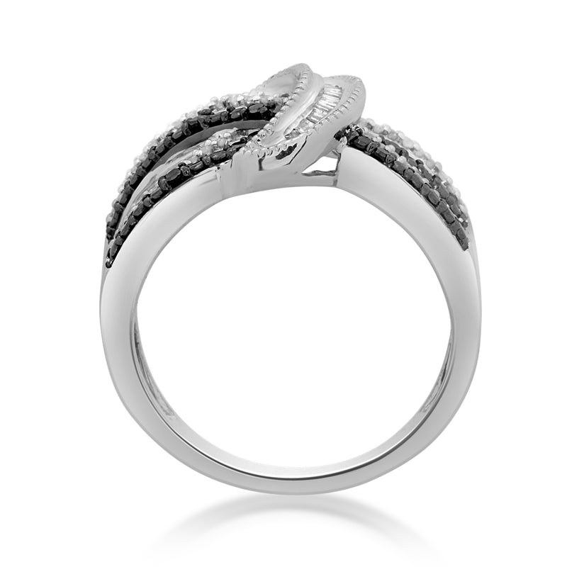 Jewelili Sterling Silver With 1/4 CTTW Treated Black and White Diamonds Multi Row Ring