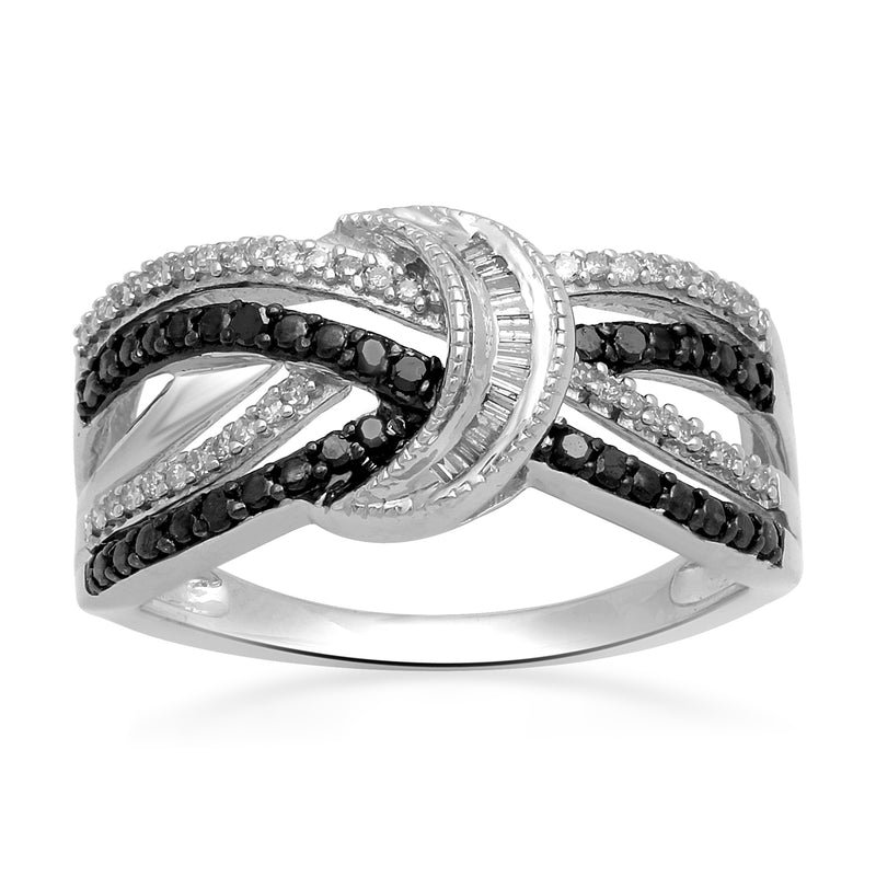 Jewelili Sterling Silver With 1/4 CTTW Treated Black and White Diamonds Multi Row Ring