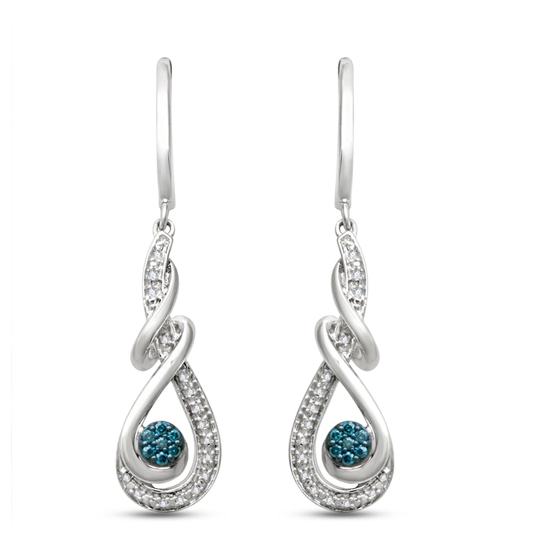 Jewelili Dangle Earrings with Treated Blue and Natural White Round Diamonds in Sterling Silver 1/6 CTTW View 2