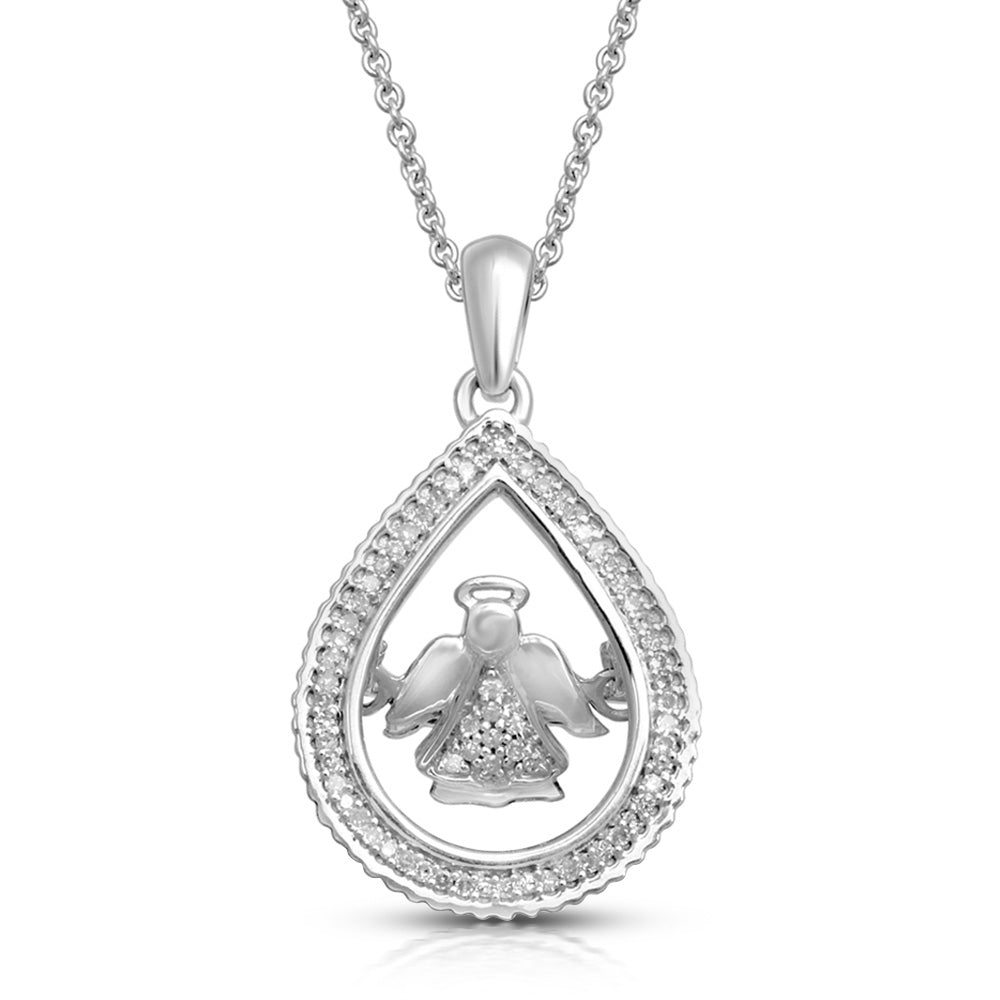 Jewelili Sterling Silver with 1/10 CTTW Natural White Dancing Diamond Tear Drop Angel Teardrop Pendant Necklace