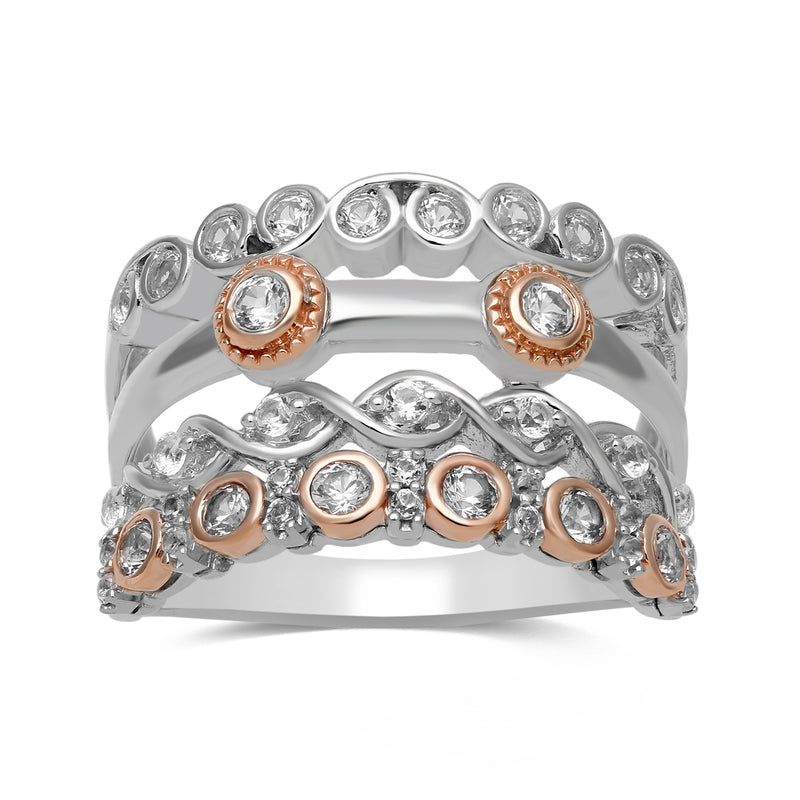 Jewelili Two-Tone Band Ring with Round Created White Sapphire in 10K Rose Gold over Sterling Silver View 1