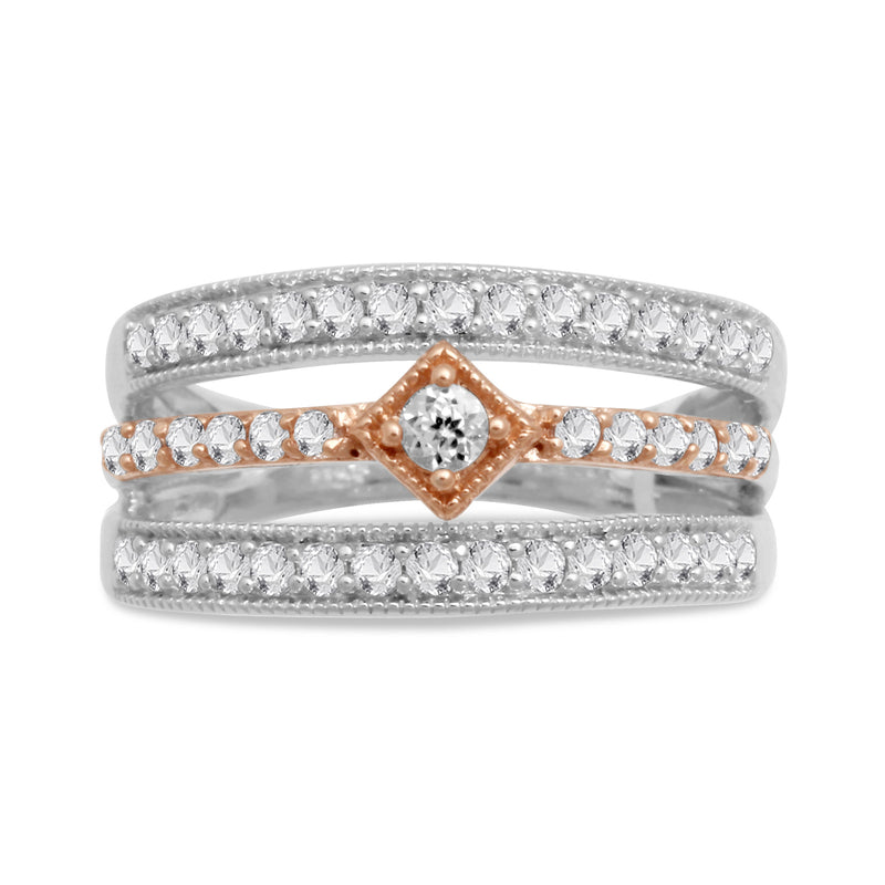 Jewelili Two Tone Three Row Split Shank Ring with Round Created White Sapphire in 10K Rose Gold over Sterling Silver View 2