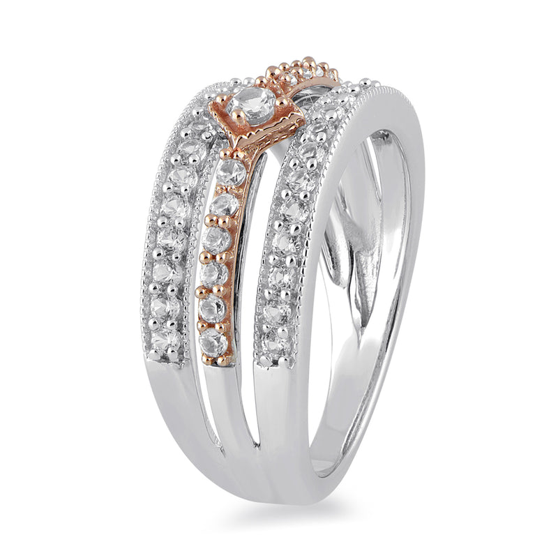 Jewelili Two Tone Three Row Split Shank Ring with Round Created White Sapphire in 10K Rose Gold over Sterling Silver View 4