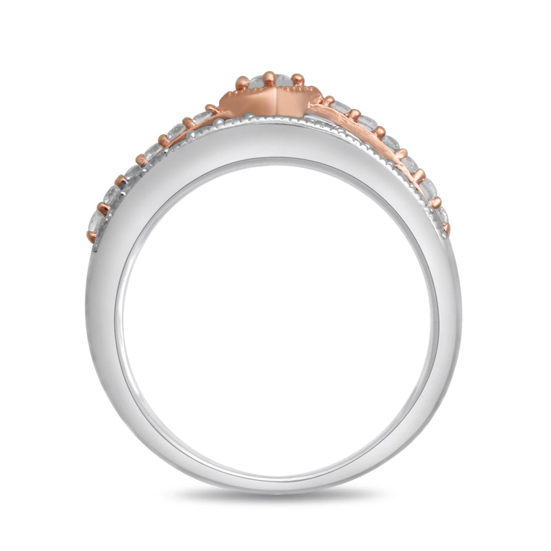 Jewelili Two Tone Three Row Split Shank Ring with Round Created White Sapphire in 10K Rose Gold over Sterling Silver View 3