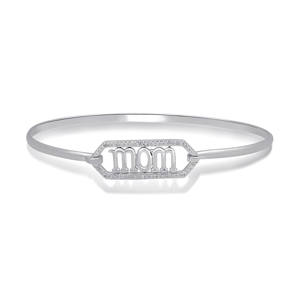 Jewelili Sterling Silver with 1/5 CTTW Diamonds MOM Bangle