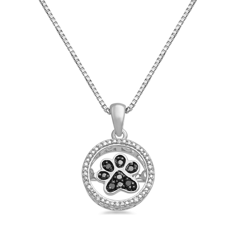 Jewelili Sterling Silver With Treated Black Diamonds and Natural White Diamonds Dancing Dog Paw Circle Pendant Necklace
