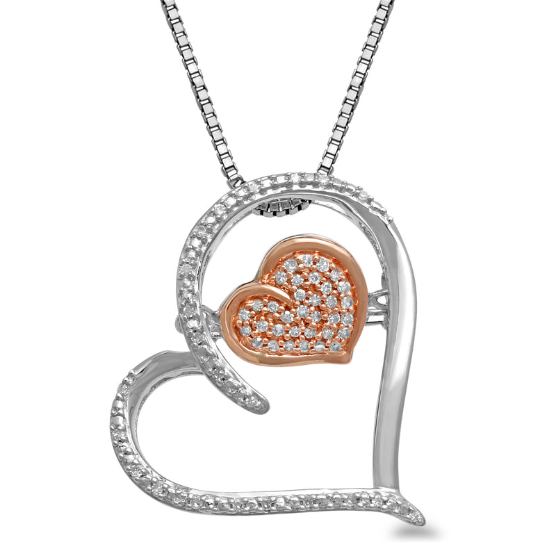 Jewelili 10K Rose Gold and Sterling Silver With 1/10 CTTW Diamonds Heart Shape Pendant Necklace