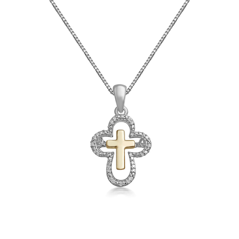Jewelili 10K Yellow Gold and Sterling Silver with Diamonds Pendant Necklace