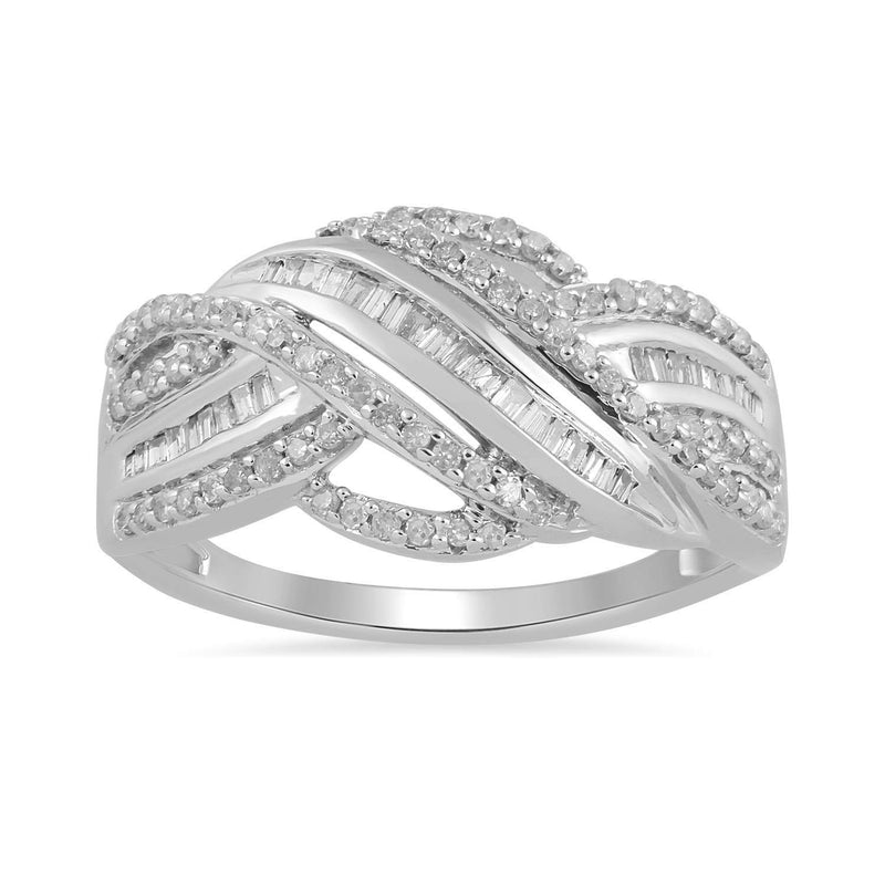 Jewelili 10K White Gold With 1/2 CTTW Baguette and Round Diamonds Crossover Ring