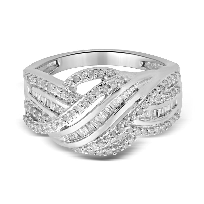 Jewelili 10K White Gold With 1/2 CTTW Baguette and Round Diamonds Crossover Ring