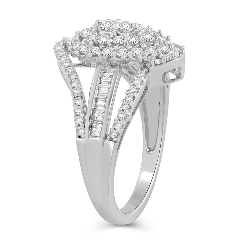 Jewelili 10K White Gold With 1.00 CTTW Baguette and Round Natural White Diamonds Engagement Ring