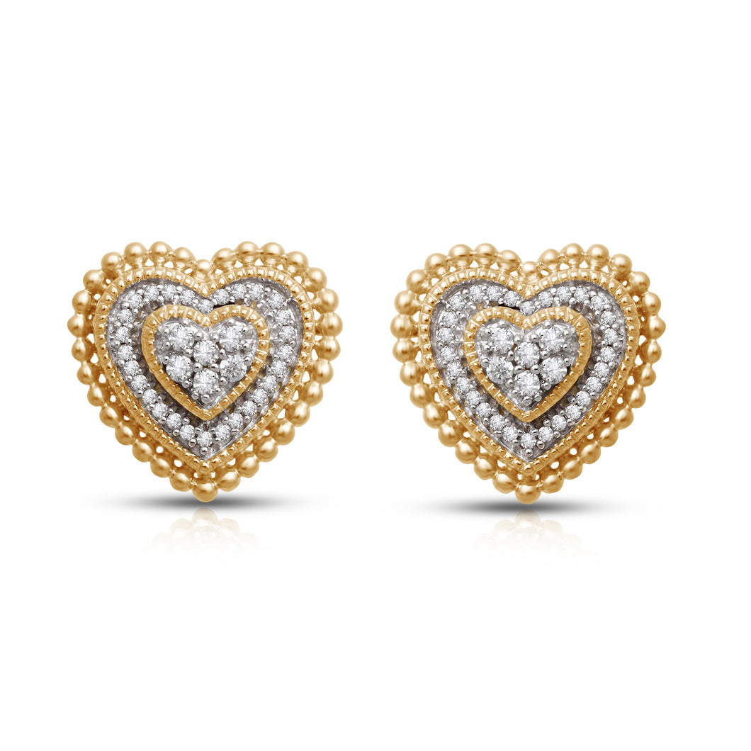 Jewelili Yellow Gold Over Sterling Silver 1/5 CTTW Natural White Round Diamonds Heart Stud Earrings