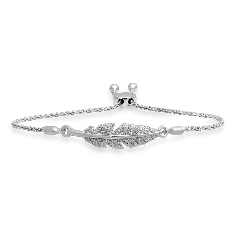 Jewelili Sterling Silver With Diamonds Leaf Bracelet