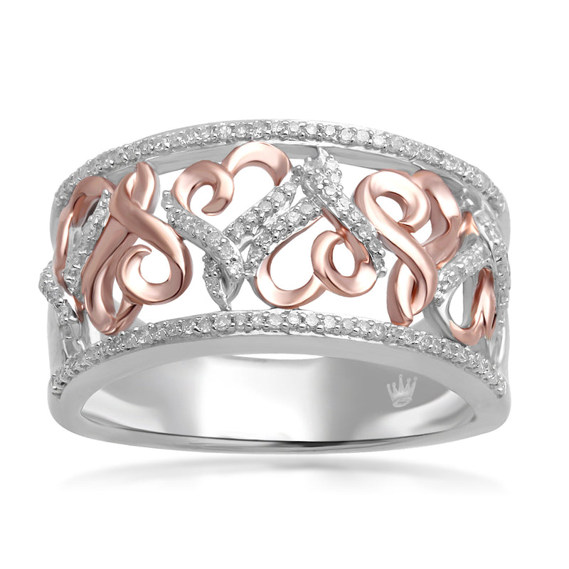 Jewelili Rose Gold Over Sterling Silver With 1/4 Cttw Natural White Diamonds Heart Wedding Band