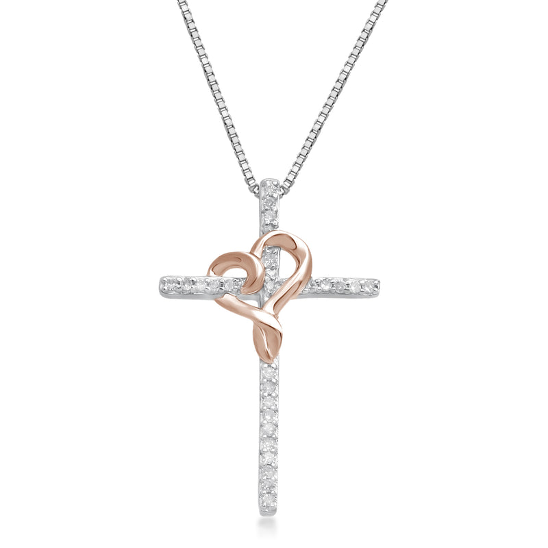 Jewelili Cross Pendant Necklace with Natural White Round Diamonds in Rose Gold over Sterling Silver 1/10 CTTW 