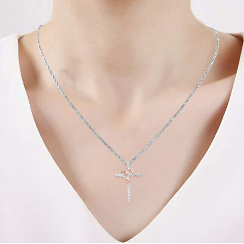 Jewelili Cross Pendant Necklace with Natural White Round Diamonds in Rose Gold over Sterling Silver 1/10 CTTW View 1