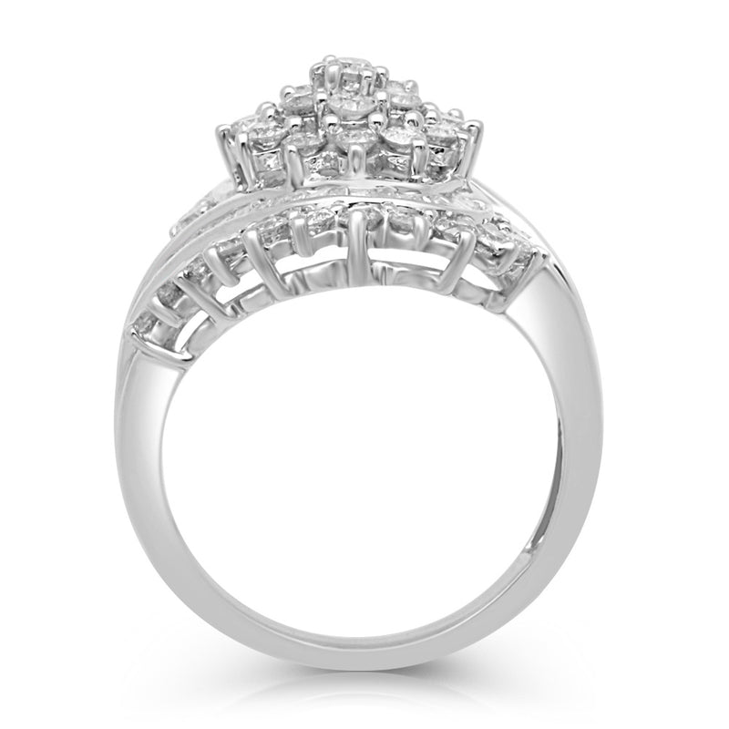 Jewelili 10K White Gold with 2 CTTW Natural White Baguette and Round Shape Diamonds Cluster Ring