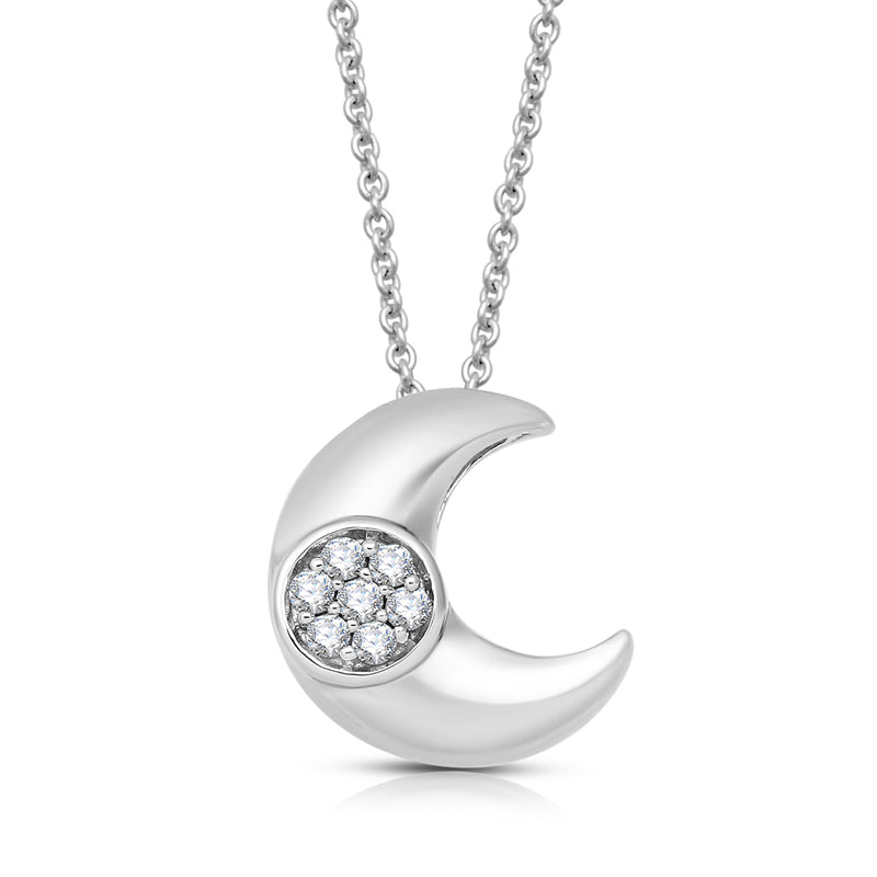 Jewelili Moon Pendant Necklace with Natural White Round Diamonds in Sterling Silver 1/8 CTTW 