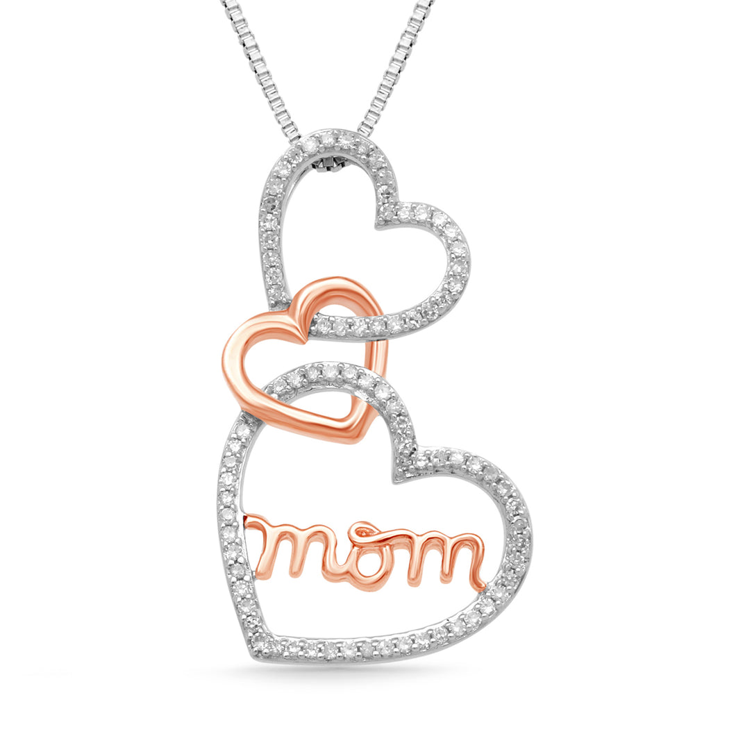 Jewelili Sterling Silver and 10K Rose Gold With 1/4 CTTW Natural White Round Diamonds Triple Heart Mom Pendant Necklace