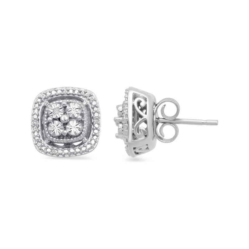 Jewelili Square Shape Stud Earrings with White Diamonds in Sterling Silver View 3