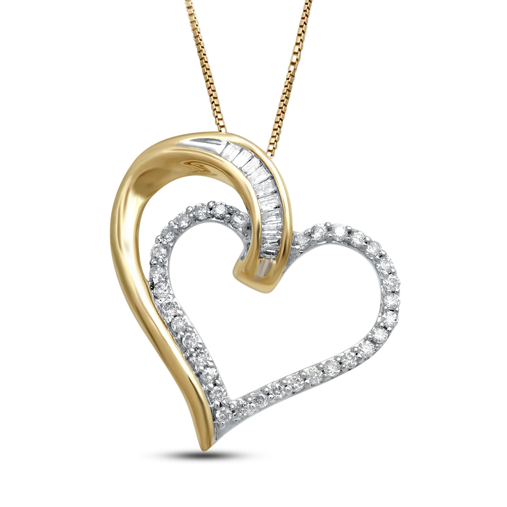 Jewelili 10K Yellow Gold with 1/4 CTTW Natural White Baguette and Round Diamonds Heart Pendant Necklace