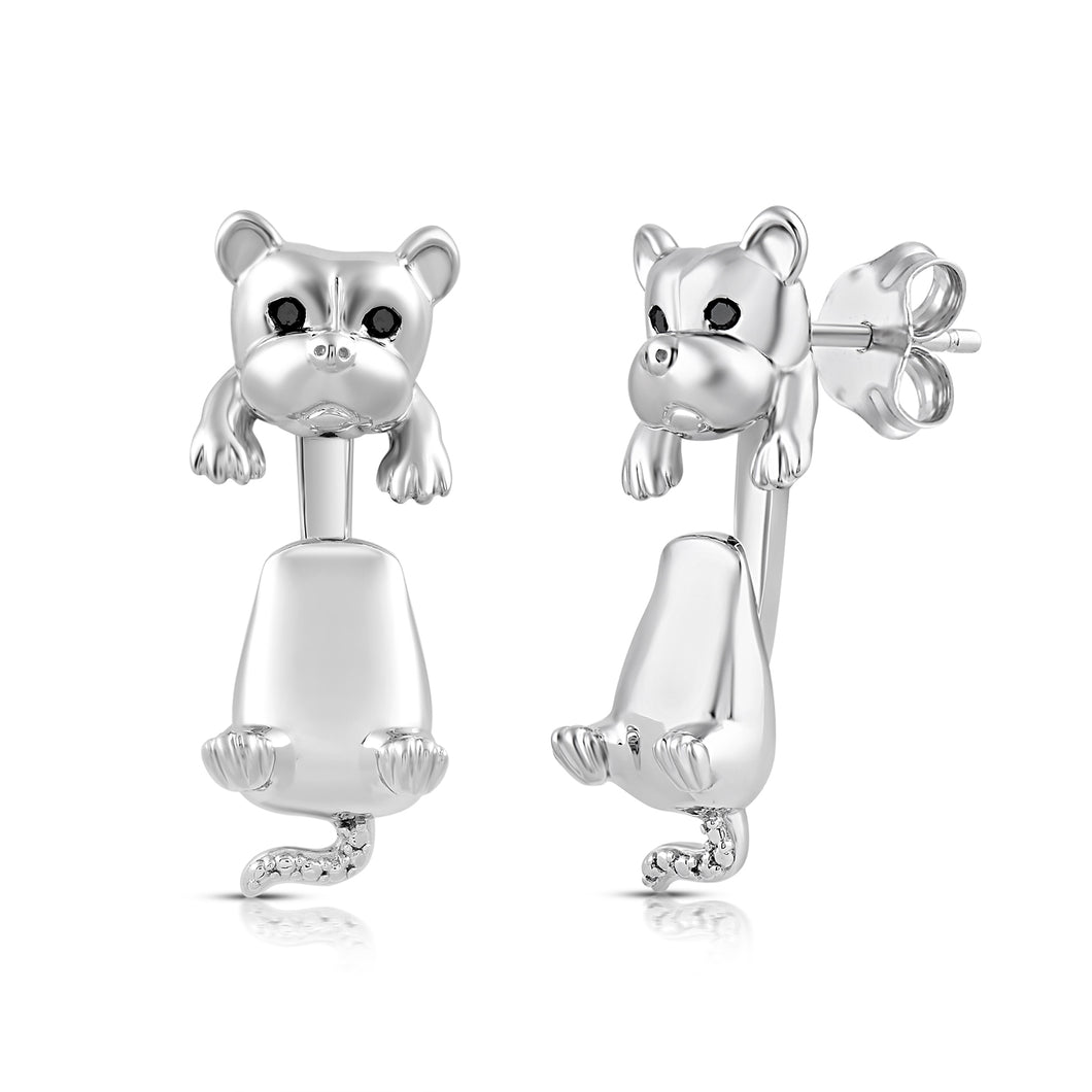 Jewelili Cute Dog Jacket Earrings in Treated Black Round Diamonds over Sterling Silver
