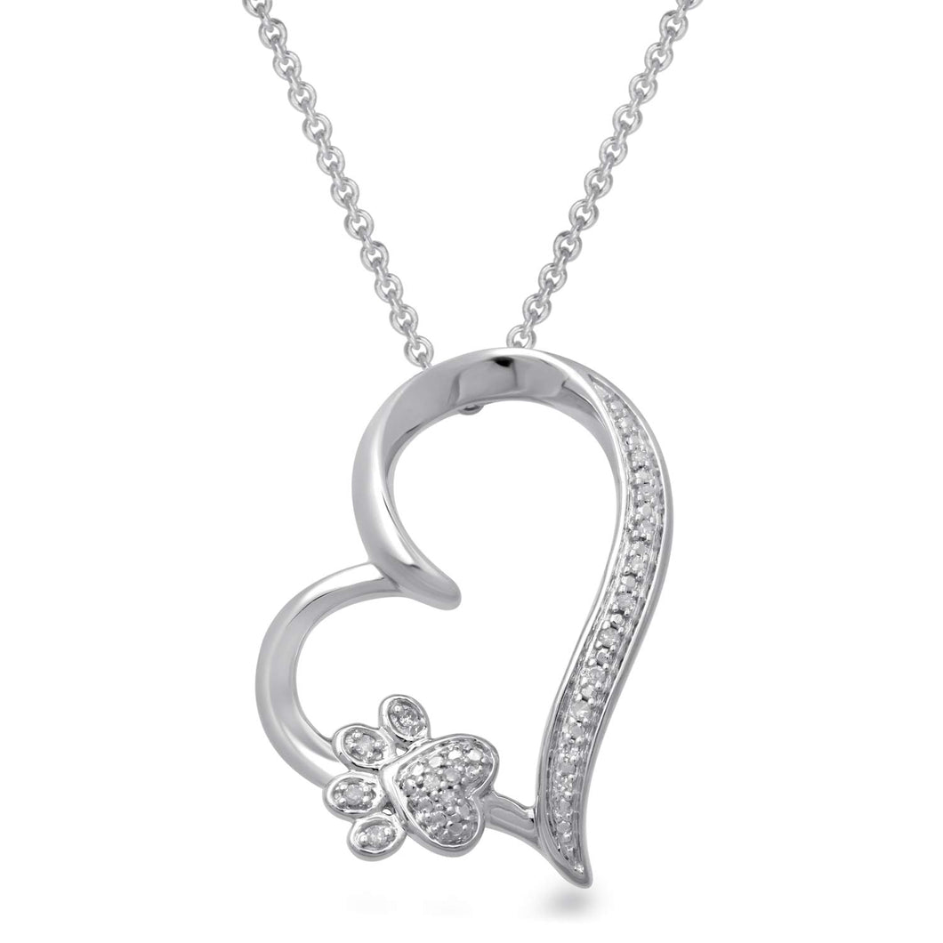Jewelili Sterling Silver Diamonds Tilted Paw Heart Pendant Necklace