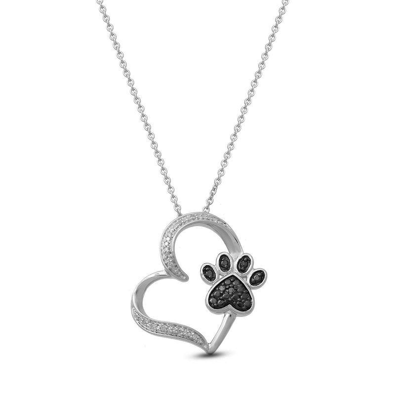 Jewelili Heart Paw Necklace Black & White Diamond Jewelry in Sterling Silver - View 1