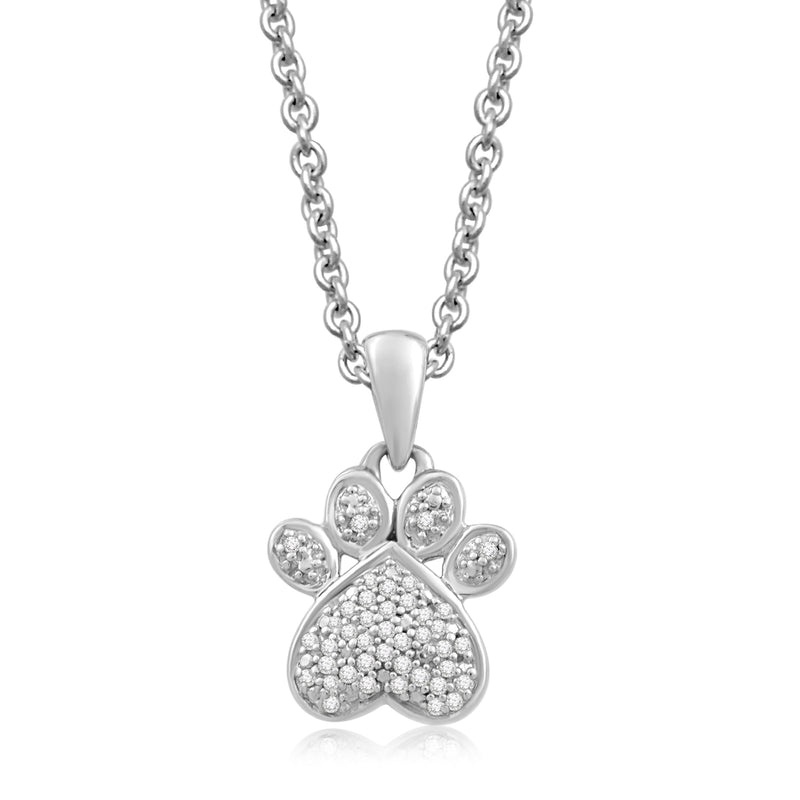 Jewelili Sterling Silver with Diamonds Paw Pendant Necklace