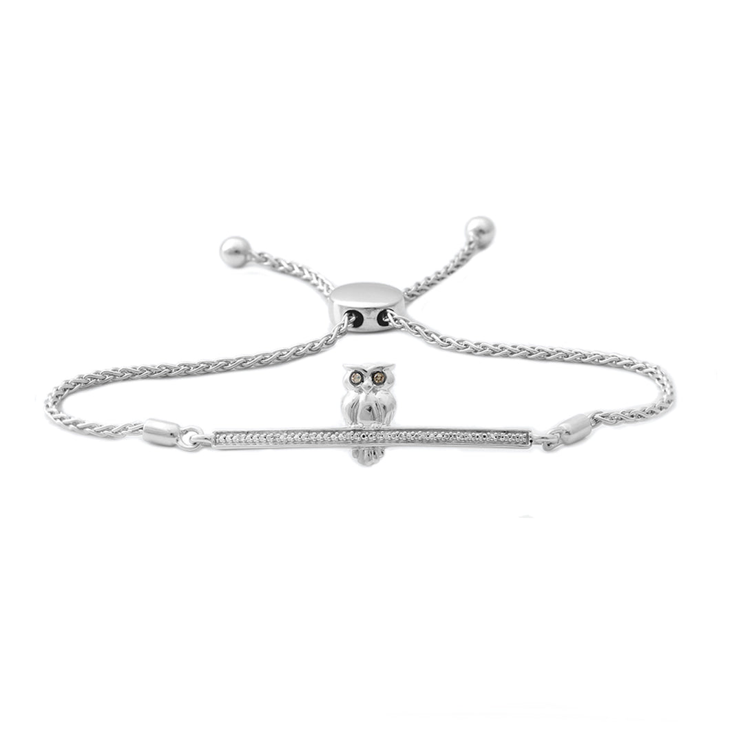 Jewelili Owl Bolo Bracelet with Natural Champagne and White Round Diamonds in Sterling Silver 9.5