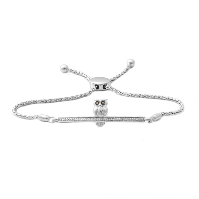 Jewelili Owl Bolo Bracelet with Natural Champagne and White Round Diamonds in Sterling Silver 9.5"