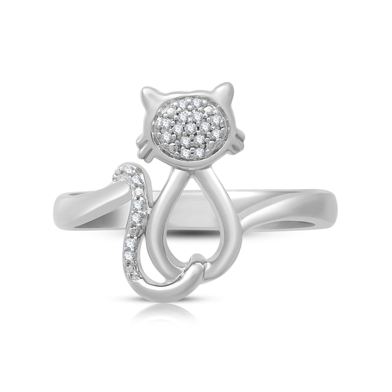 Jewelili Sterling Silver with 1/20 CTTW Natural White Round Diamonds Cat Ring