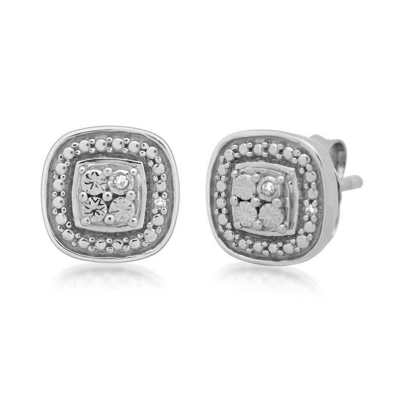 Jewelili Stud Earrings with Square Natural White Round Diamonds in Sterling Silver View 1