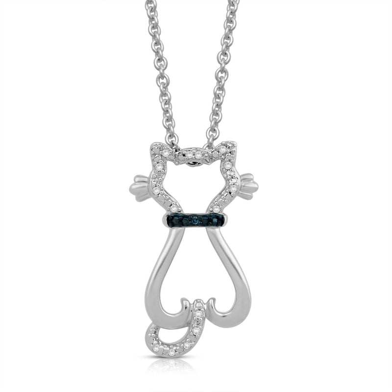 Jewelili Sterling Silver With Treated Blue Diamonds and White Diamonds Cat Pendant Necklace