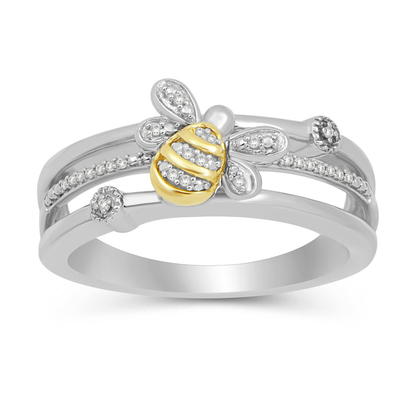Jewelili Sterling Silver and 10K Yellow Gold With Natural White Diamonds HoneyBee Band Ring