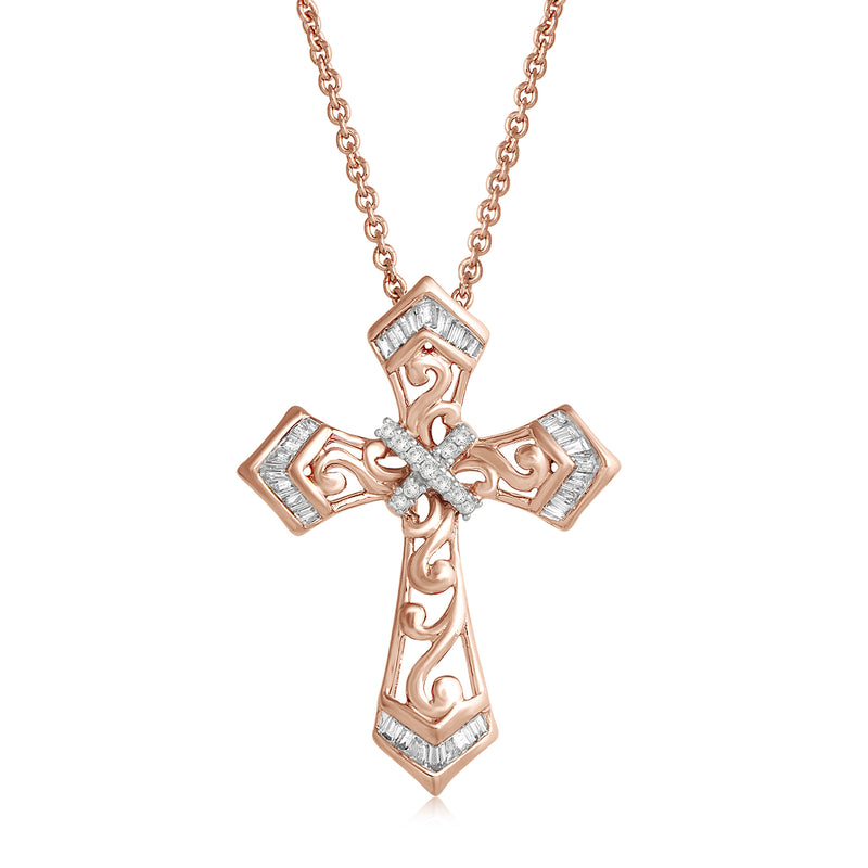 Jewelili Diamond Cross Pendant Necklace in 14K Rose Gold over Sterling Silver 1/6 CTTW