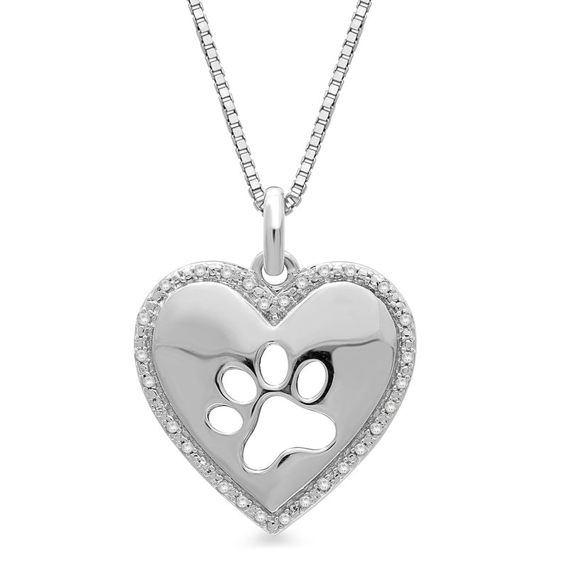 Jewelili Sterling Silver White Diamonds Dog Paw Printed Heart Pendant Necklace